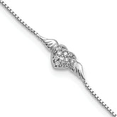 Sterling Silver Rhodium-Rhodium-Plated CZ Heart w/Wings 9in Plus 1in ext Anklet